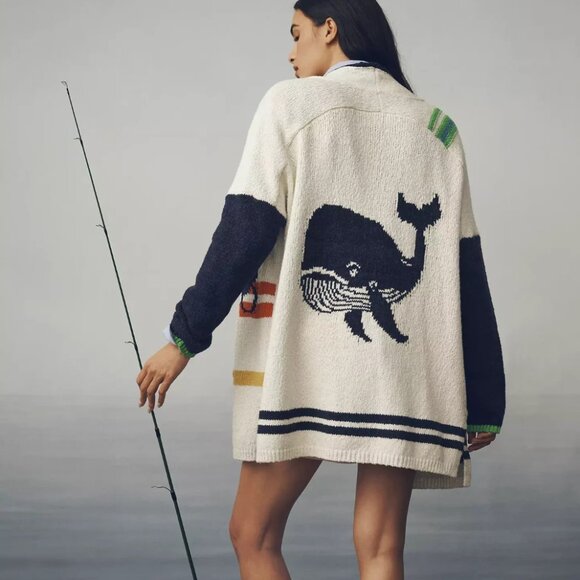 Anthropologie Maeve Nautical Buoy Cardigan Sweater Whale Seahorse XS XXS NWT - Picture 1 of 10